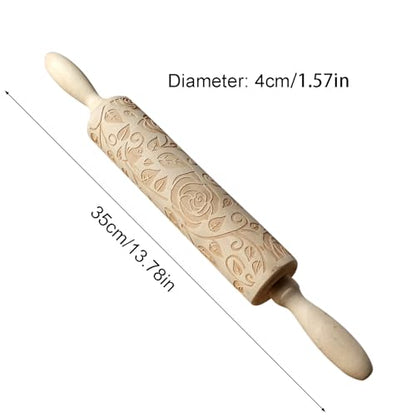 Ragyzity Wooden Embossed Rolling Pin for Baking, Rose Flower Embossed Engraved Carved Rolling Pin, Wooden Roll Pin Laser Engraved Rolling Pin DIY Tool for Making Cookie Dough Crusts Pies Pastry