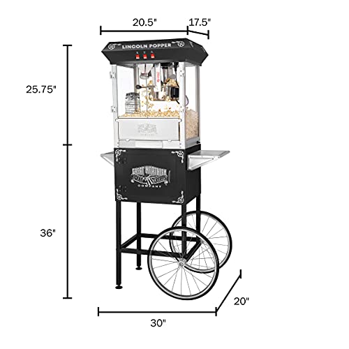 Lincoln Popcorn Machine with Cart - 8oz Popper with Stainless-Steel Kettle, Warming Light, and Accessories by Great Northern Popcorn (Black)