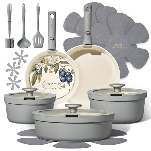 Carote 20pcs Ceramic Cookware Set with Detachable Handles, Pots and Pans Set Non Stick, RV Kitchen Cooking Pot and Pan, Dishwasher Safe, Non-toxic Induction Cookware PFAS and PFOA Free, Grey