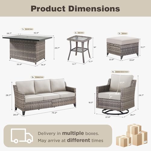 Belord Patio Wicker Swivel Rocker Patio Chairs with 3-Seater Sofa and 42.5" Fire Pit Table, Outdoor Furniture Set for Deck Porch Poolside, 11 Piece Patio Conversation Furniture Set,Beige
