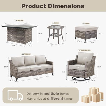 Belord Patio Wicker Swivel Rocker Patio Chairs with 3-Seater Sofa and 42.5" Fire Pit Table, Outdoor Furniture Set for Deck Porch Poolside, 11 Piece Patio Conversation Furniture Set,Beige