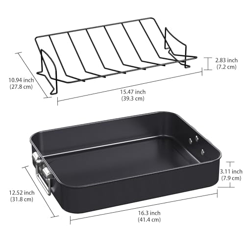 CHEFMADE Roasting Pan, 16-Inch Non-Stick Turkey Roaster Lasagna Pan with Rack - Rectangular Deep Dish Chicken Roaster Pan 16.3" x 12.52" x 3.11"(Black)