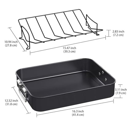 CHEFMADE Roasting Pan, 16-Inch Non-Stick Turkey Roaster Lasagna Pan with Rack - Rectangular Deep Dish Chicken Roaster Pan 16.3" x 12.52" x 3.11"(Black)