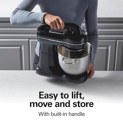 Hamilton Beach Electric Stand Mixer, 4 Quarts, Dough Hook, Flat Beater Attachments, Splash Guard 7 Speeds with Whisk, Easy-Carry Top Handle, Black
