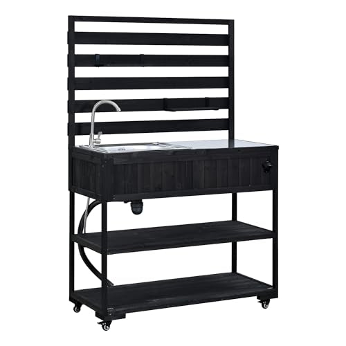 Merax Outdoor Rolling Kitchen Island with Sink, 41.7" Solid Wood Patio Cart Stainless Steel Top, Garden Potting Bench Table on Wheels, BBQ Prep Station with Shelves & Bottle Opener, Black