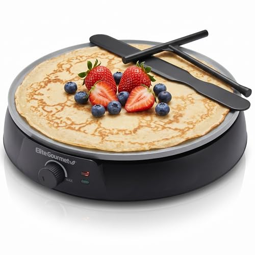 Elite Gourmet 12" Ceralast™ PFAS-Free Ceramic Nonstick Crepe Maker & Griddle, Adjustable Temperature Control, Dual Indicator Lights, Batter Spreader Included, For Crepes, Pancakes & Quesadillas, Black