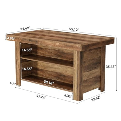 LITTLE TREE 55 Inches Kitchen Island with Storage, 3-Tier Farmhouse Wooden Stationary Island Table with Large Worktop & Leg Room, Modern Coffee Bar Table with Storage Shelf for Kitchen, Rustic Brown