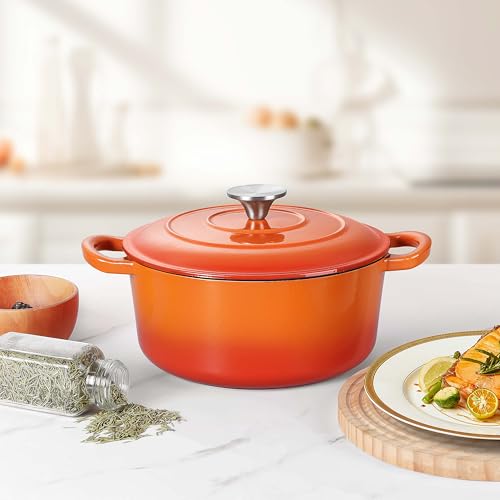 Herogo Enameled Cast Iron Dutch Oven with Lid and Dual Handles, 3QT Heavy Duty Round Dutch Oven Pot for Bread Baking Stewing Roasting, Nonstick & Easy Cleanup, Safe for Various Stovetops - Orange