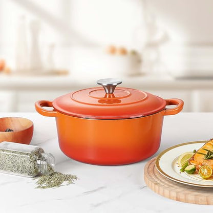 Herogo Enameled Cast Iron Dutch Oven with Lid and Dual Handles, 3QT Heavy Duty Round Dutch Oven Pot for Bread Baking Stewing Roasting, Nonstick & Easy Cleanup, Safe for Various Stovetops - Orange