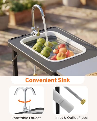 AECOJOY Outdoor Grill Cart Table with Sink, Portable Folding Kitchen Island with Storage Cabinet, Stainless Steel Prep Station for BBQ, Waterproof Cover Included