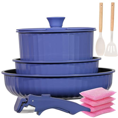 Vivicreate 11 Piece Pots and Pans Set Nonstick with Removable Handle, Induction Cookware, Stackable Kitchen Set for RV Camping Apartment, Frying Pan and Saucepan (Blue)