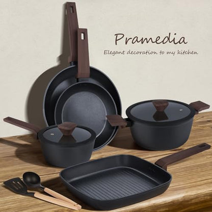 PRAMEDIA 9Pcs Pots and Pans Set Nonstick,Induction Cookware Set Kitchen Cooking Sets,Healthy Non-Toxic Pots and Pan set,Non Stick with Grill Pan& Stay-Cool Handles (PFOS, PFOA Free),Black