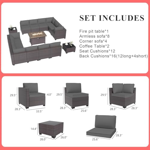 Gotland 15 Pieces Patio Furniture Set with Fire Pit Table, All Weather Rattan Outdoor Furniture with 29.5'' High Backrest 4’’ Thick Cushions Coffee Table, Patio Set for Porch, Deck, Backyard, Gray