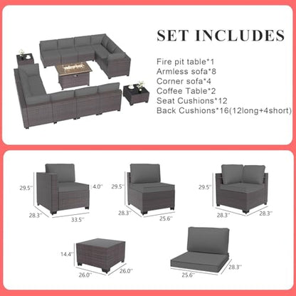 Gotland 15 Pieces Patio Furniture Set with Fire Pit Table, All Weather Rattan Outdoor Furniture with 29.5'' High Backrest 4’’ Thick Cushions Coffee Table, Patio Set for Porch, Deck, Backyard, Gray