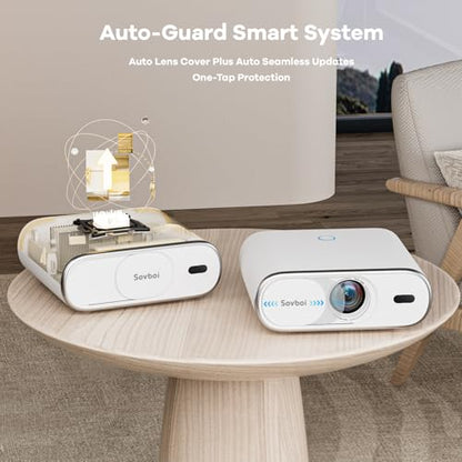 4K Projector with Google TV:3000 Brightness/Auto Lens Cap & 4D Keystone/Auto Focus & AI Voice Control, Sovboi Portable Outdoor Projector with WiFi & Bluetooth, Smart Movie Proyector for Streaming Apps