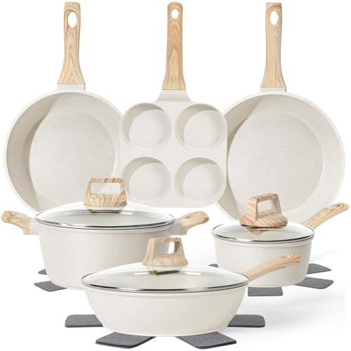 13 Pcs Pots and Pans Set, Nonstick Cookware Sets White Granite Induction Cookware, Non-toxic Healthy Non stick Kitchen Cooking Set with Frying Pans Set, Saucepans (PFAS/PFOA/PFOS Free)