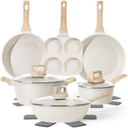 13 Pcs Pots and Pans Set, Nonstick Cookware Sets White Granite Induction Cookware, Non-toxic Healthy Non stick Kitchen Cooking Set with Frying Pans Set, Saucepans (PFAS/PFOA/PFOS Free)