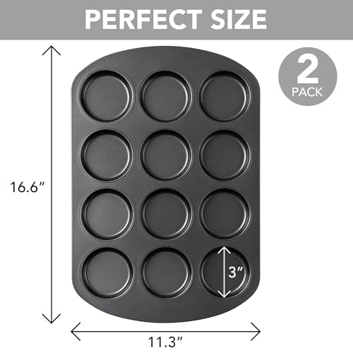 Tiawudi Muffin Top Pan, 12 Cavity Cupcake Pan, 3 Inch Nonstick Bakeware for Eggs, Cornbread, Cookies, Whoopie Pies and Yorkshire Pudding, Set of 2