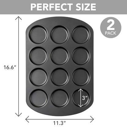 Tiawudi Muffin Top Pan, 12 Cavity Cupcake Pan, 3 Inch Nonstick Bakeware for Eggs, Cornbread, Cookies, Whoopie Pies and Yorkshire Pudding, Set of 2