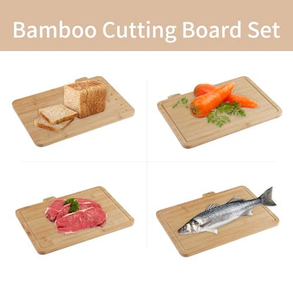 Fiery Chef 12.6"L x 9"W Bamboo Cutting Board Set of 4 - Wood Cutting Board Set with Holder, Chopping Boards Set with Food Icons, Juice Groove - Ideal for Meat, Fish, Bread, Vegetable, Fruit Chopping