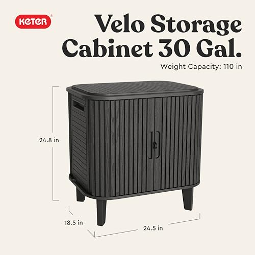 Keter Velo 30 Gallon Outdoor Storage Cabinet, Weather-Resistant Resin Deck Box with Steel Reinforcement, Lockable, Wood-Look Finish, Graphite