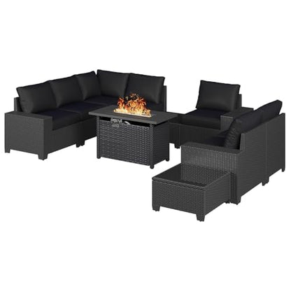 Aoxun 10-Piece Sectional Sofa with 44" Fire Pit, 4" Thicken Cushion, Widen Armrests Wicker for Backyard with Coffee Table, Black