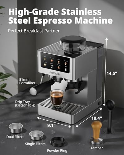 AIRMSEN Espresso Machines with Burr Grinder, 20 Bar, Milk Frother Steam Wand, Stainless Steel Coffee Maker for Home - Cappuccino Latte & Cold Brew Iced Coffee Maker & Americano