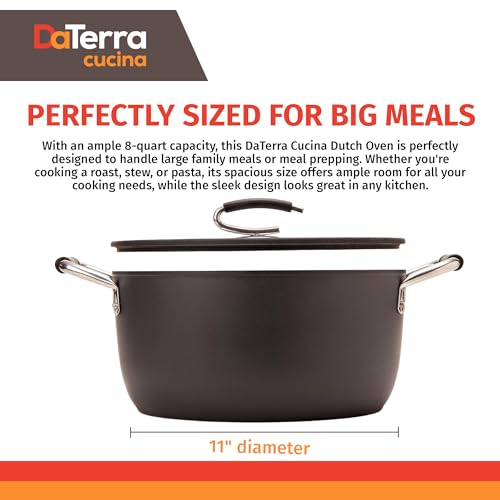 DaTerra Cucina – 8 Qt Nonstick Ceramic Dutch Oven with Lid – Large Oven Safe Stock Pot, Induction Compatible, Lightweight, Lead & PFOA Free, Volcanic Black, Durable Nonstick Cookware – Made in Italy
