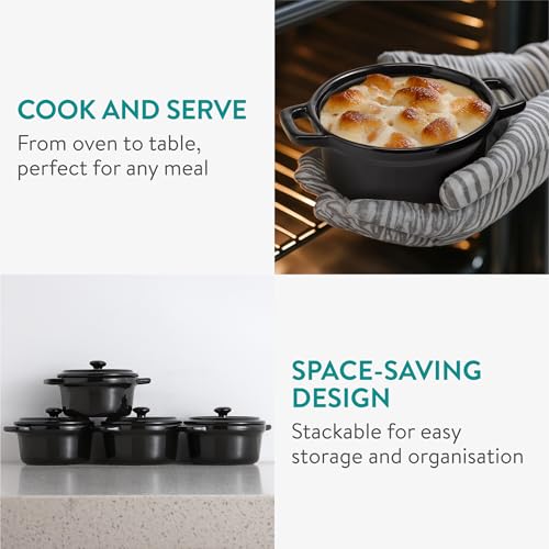 Navaris Small Casserole Dish with Lid - Oven Proof Dishes - Mini Cocotte Casseroles Easy Clean - Mini Dutch Oven Pot with Lid - Set of 4-8 oz (237 ml) - Black
