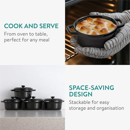 Navaris Small Casserole Dish with Lid - Oven Proof Dishes - Mini Cocotte Casseroles Easy Clean - Mini Dutch Oven Pot with Lid - Set of 4-8 oz (237 ml) - Black
