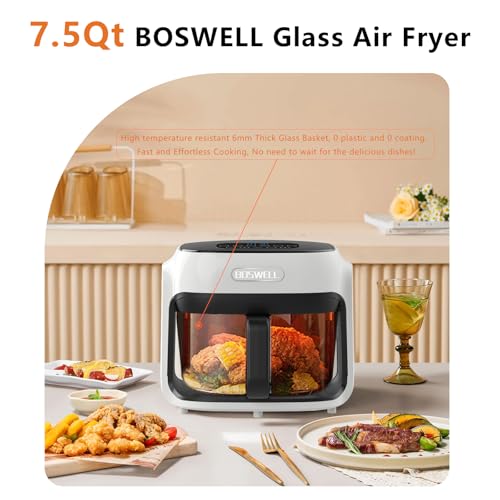 BOSWELL 7.5 QT Large Glass Air Fryer, 6-1 Preset Cook Modes
