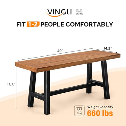 VINGLI Outdoor Bench with Metal Legs Rustic, Wood Dining Bench Indoor Outdoor Porch Benches for Yard Garden Dining (40in)