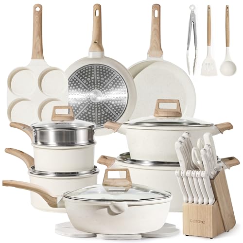 CAROTE ICE 35pcs Pots and Pans Set, Nonstick Cookware Sets, White Granite Induction Cookware with Kitchen Knife Set