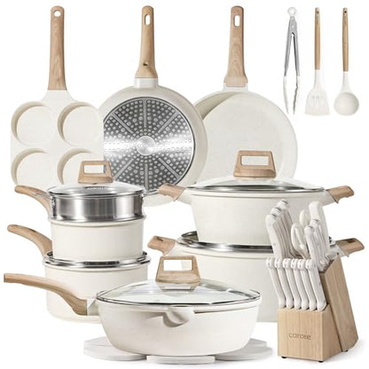 CAROTE ICE 35pcs Pots and Pans Set, Nonstick Cookware Sets, White Granite Induction Cookware with Kitchen Knife Set