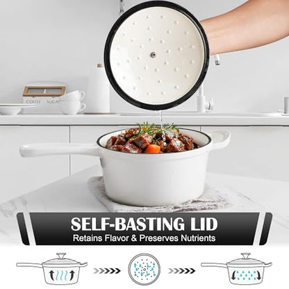 E-far Sauce Pan Set with Lid, 1Qt & 2Qt Enameled Cast Iron Pot Sets for Kitchen Cooking, Small Heavy Duty Dutch Oven Saucepans & Self-basting Lids, Induction-Ready & Easy Clean, White