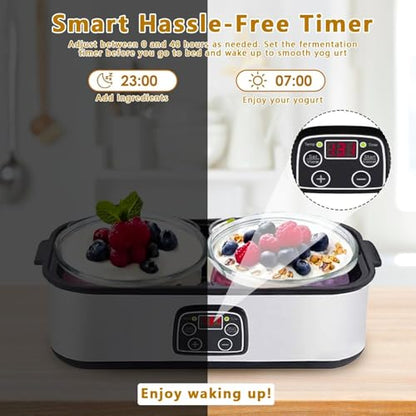 2L Probiotic Yogurt Maker with Two 1L Glass Containers for Larger Batches Yogurt Maker with Adjustable Time & Temp Control Probiotics Stainless Steel Yogurt Making Machine for Homemade Yogurt Dessert