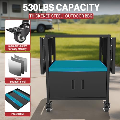 Outdoor Grill Cart for Big Green Egg Style| Egg BBQ Grill with a Cover| 3-Duty Storage| 2 Sided Prep Table| 530Lbs&Heavy Duty Metal |Outside-in Easy Assembly| Compatible with Big Green Egg, Kamado Joe