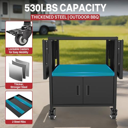 Outdoor Grill Cart for Big Green Egg Style| Egg BBQ Grill with a Cover| 3-Duty Storage| 2 Sided Prep Table| 530Lbs&Heavy Duty Metal |Outside-in Easy Assembly| Compatible with Big Green Egg, Kamado Joe