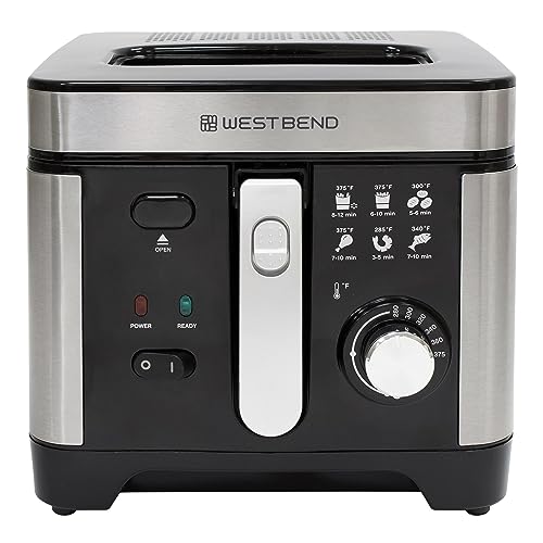 West Bend Deep Fryer with Adjustable Temperature Control Nonstick Basket Easy-View Window and Temperature Guide, Folding Handle and Locking Cover for Easy Storage, 3-Liter, Silver