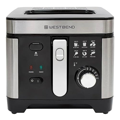 West Bend Deep Fryer with Adjustable Temperature Control Nonstick Basket Easy-View Window and Temperature Guide, Folding Handle and Locking Cover for Easy Storage, 3-Liter, Silver