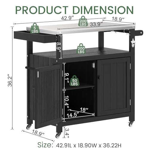 Sunnibety Weatherproof HIPS Outdoor Kitchen Island with Stainless Steel Top & Storage Cabinet, Movable Prep Table with Wheels for BBQ Food Prep, Outdoor Grill Cart for Parties, Black
