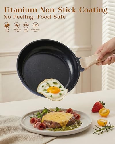 FDN 16Pcs Titanium Pots and Pans Set,Toxic-Free Cookware Set, Dishwasher & Oven Safe, Induction Compatible with Bakelite Wood Grain Handle, Compact and Durable