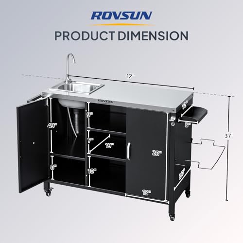 ROVSUN Outdoor Grill Cart with Sink, 304 Stainless Steel Sink with Gas Storage Area, Rolling Kitchen Prep Table with Cabinet, Paper Rack, Rubbish Rack, for Backyard Cooking, Gardens, Patio