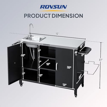 ROVSUN Outdoor Grill Cart with Sink, 304 Stainless Steel Sink with Gas Storage Area, Rolling Kitchen Prep Table with Cabinet, Paper Rack, Rubbish Rack, for Backyard Cooking, Gardens, Patio