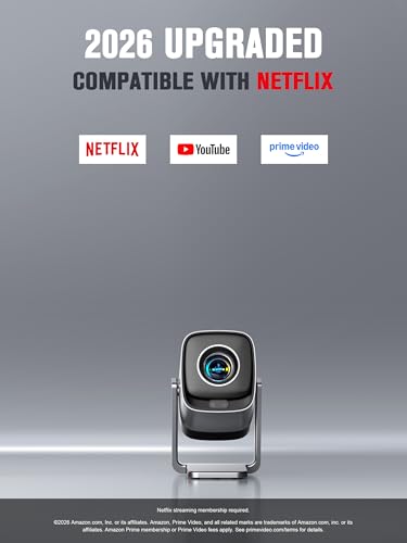[Compatible with Netflix & TOF Real-time Focus] Mini Projector with WiFi and Bluetooth, XuanPad Silver Smart Projector 4K Support, Dolby Audio & Keystone, 210° Rotatable Stand for Home
