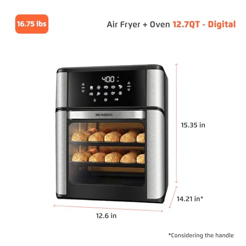 Air Fryer Oven 1800W, 12.7QT Capacity, Touchscreen Panel, Automatic Shut-Off, Toaster + Airfryer – Black & Stainless Steel – Mondial