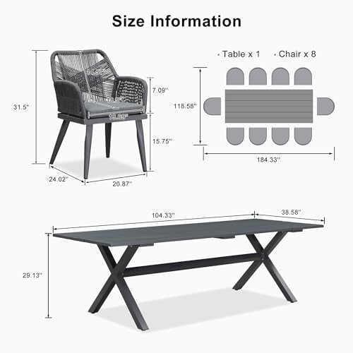 PURPLE LEAF 11 Pieces Outdoor Dining Set All-Weather PE Rattan Outdoor Patio Furniture Set with All Aluminum Frame Rectangular Table and Chairs Set for Lawn Garden Backyard Deck, Grey