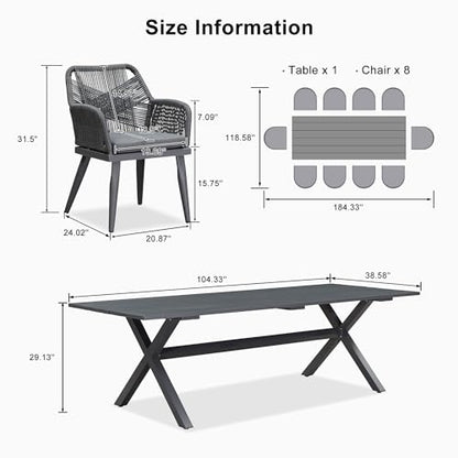 PURPLE LEAF 11 Pieces Outdoor Dining Set All-Weather PE Rattan Outdoor Patio Furniture Set with All Aluminum Frame Rectangular Table and Chairs Set for Lawn Garden Backyard Deck, Grey