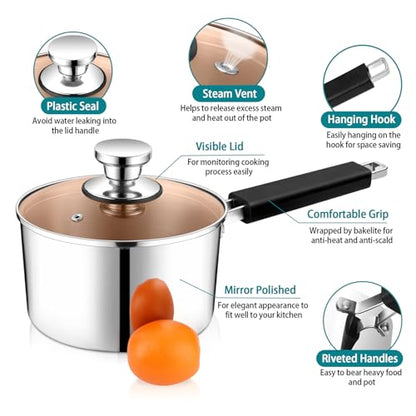 P&P CHEF 3 Quarts Sauce Pan and Pot with Lid, Tri-Ply Stainless Steel Saucepan Cookware for Induction & Multi Stoves, Heat-proof Handle & Visible Glass Lid, Dishwasher Safe