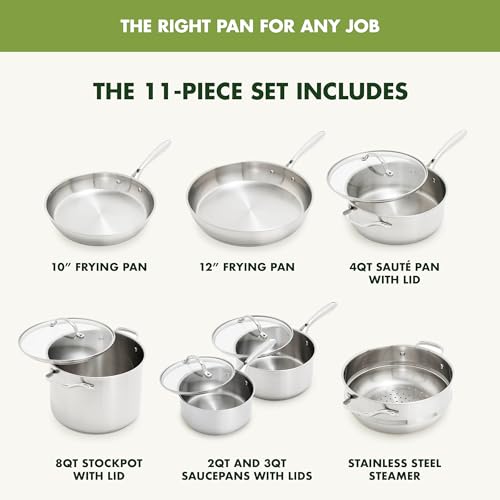 GreenPan Stainless Steel Cookware Set, 11 Piece, Induction Cookware, Dishwasher Safe, Oven Safe to 600F, Large 8QT Stock Pot, Sauce, Saute, Frying Pans, Pots & Pans Kitchen Essentials, Silver